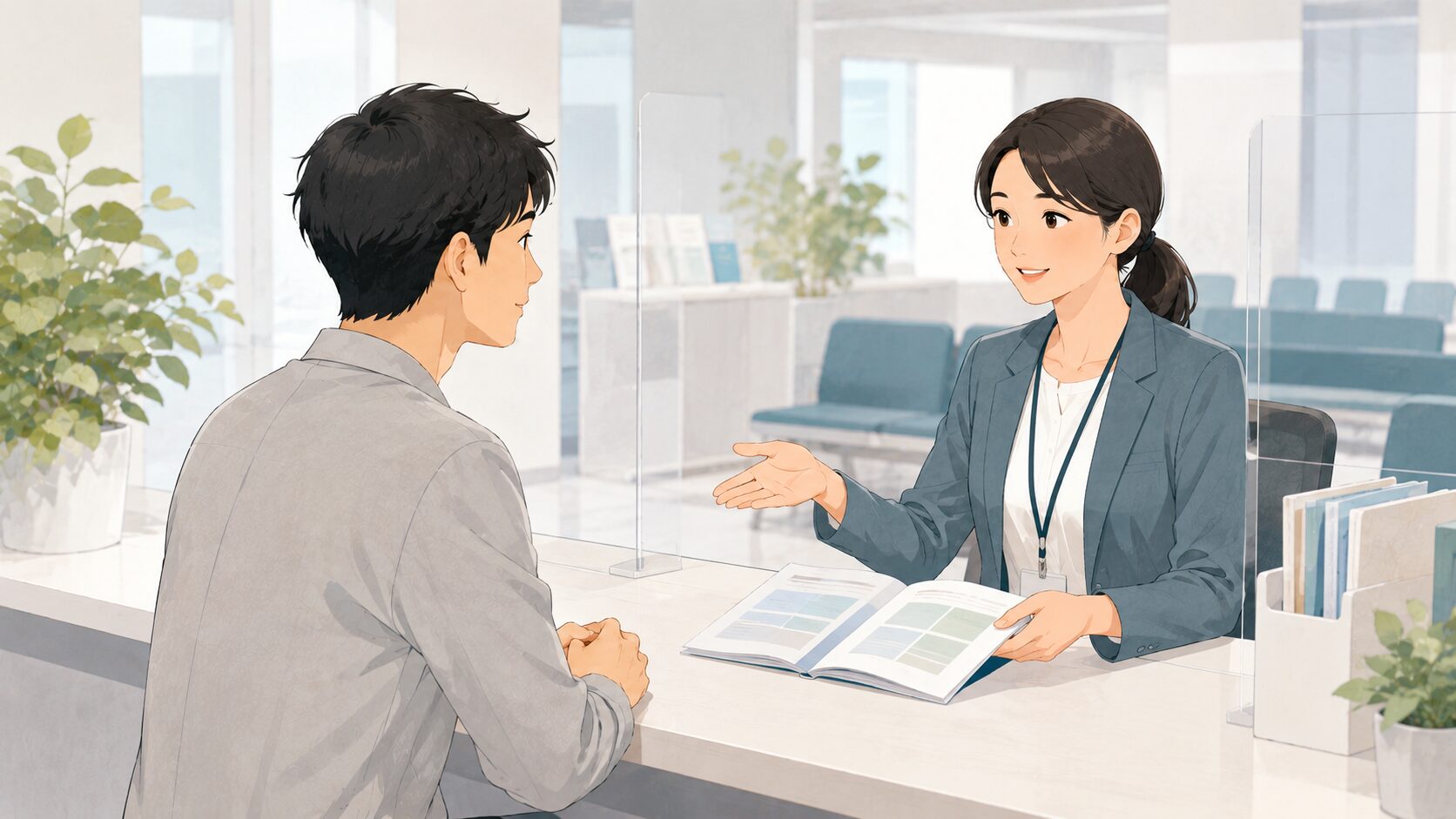 ハローワークの受付で利用条件について職員に相談する人