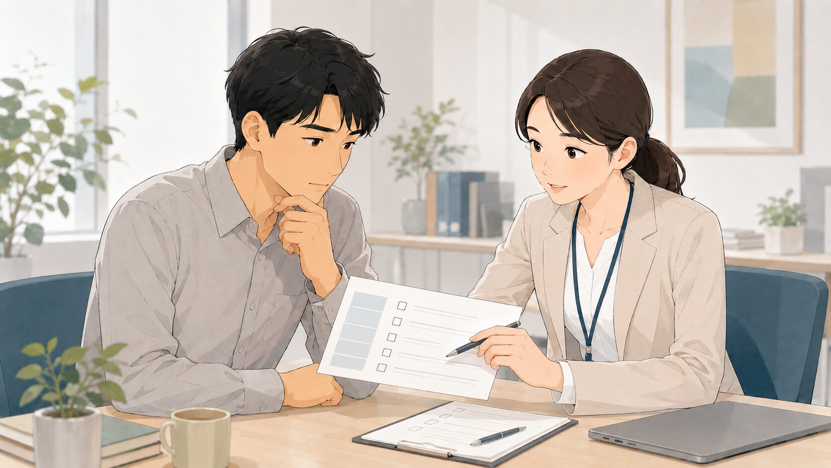 ハローワーク職員と求人票の労働条件を一つずつ確認する利用者