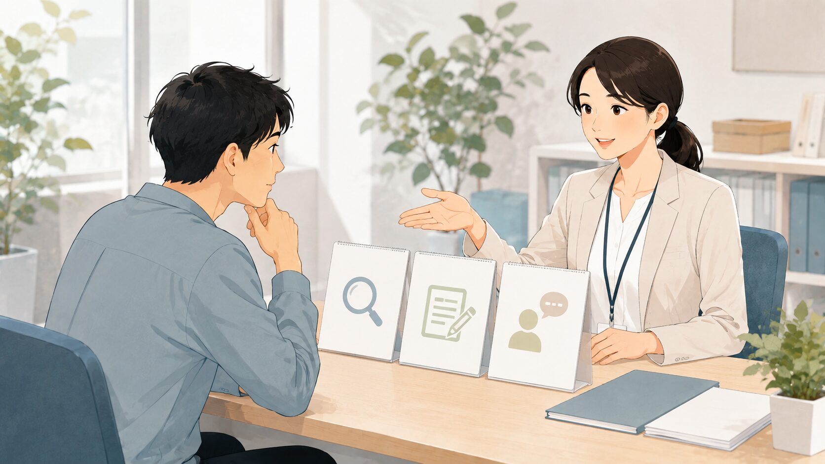 ハローワーク職員から求人検索や応募支援について説明を受ける利用者