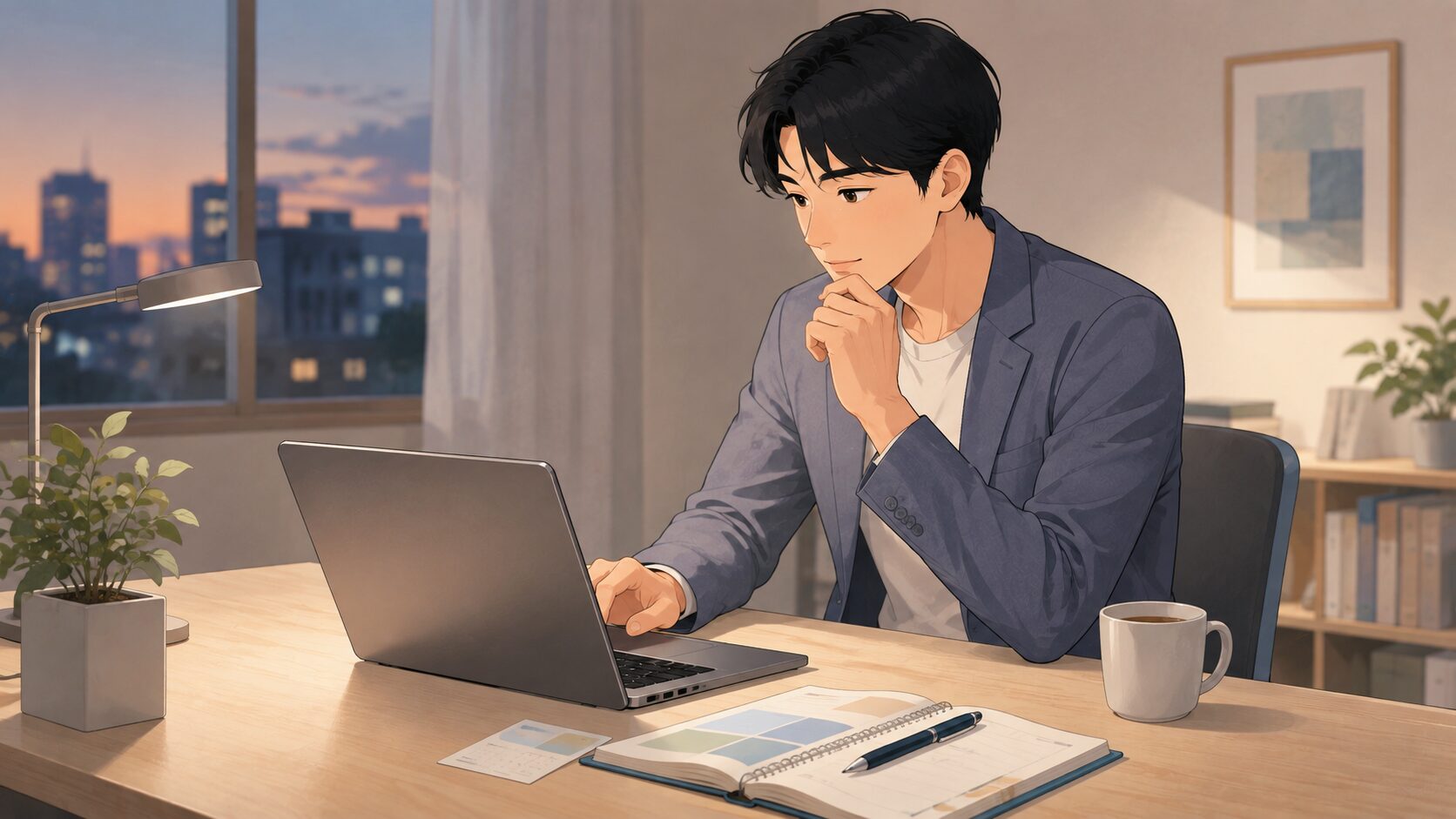 仕事を続けながら自宅で転職情報を調べる会社員