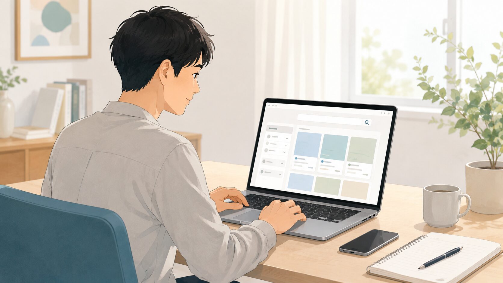 自宅のパソコンでハローワークの求人情報を検索する利用者