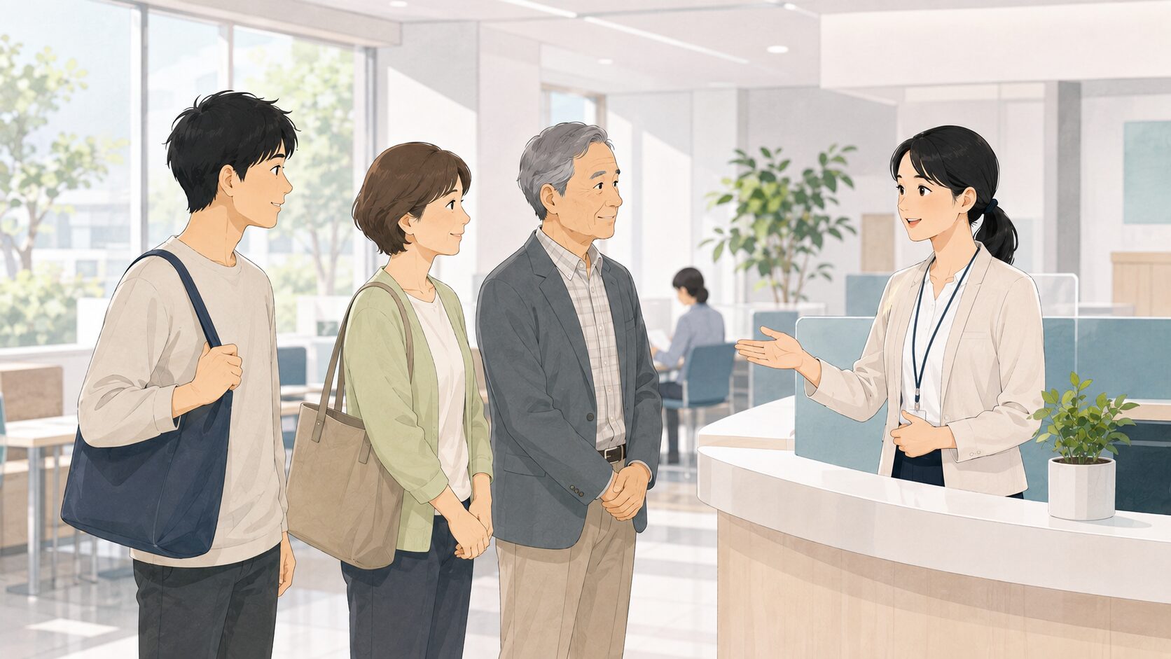 ハローワークの受付で案内を受けるさまざまな年代の利用者
