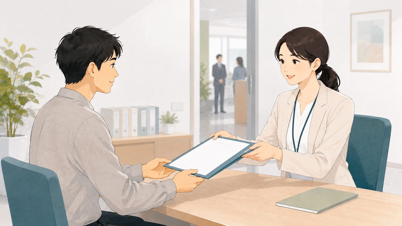 ハローワーク職員から求人応募の紹介書類を受け取る利用者