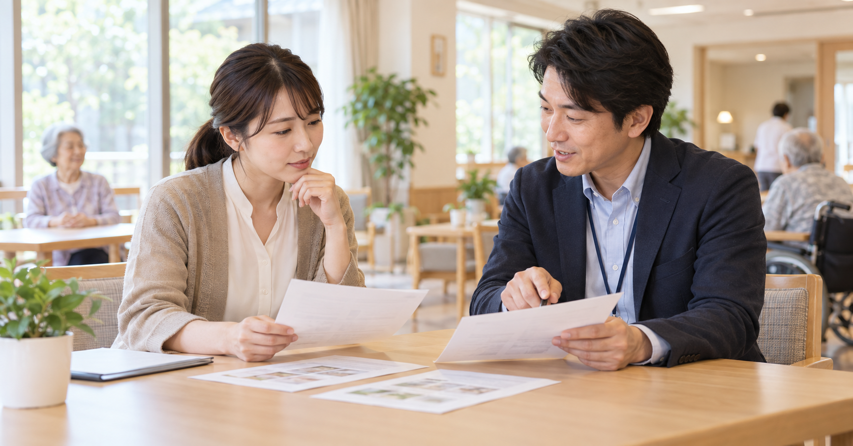 介護施設で求人資料を見ながら働き方を相談する求職者と担当者