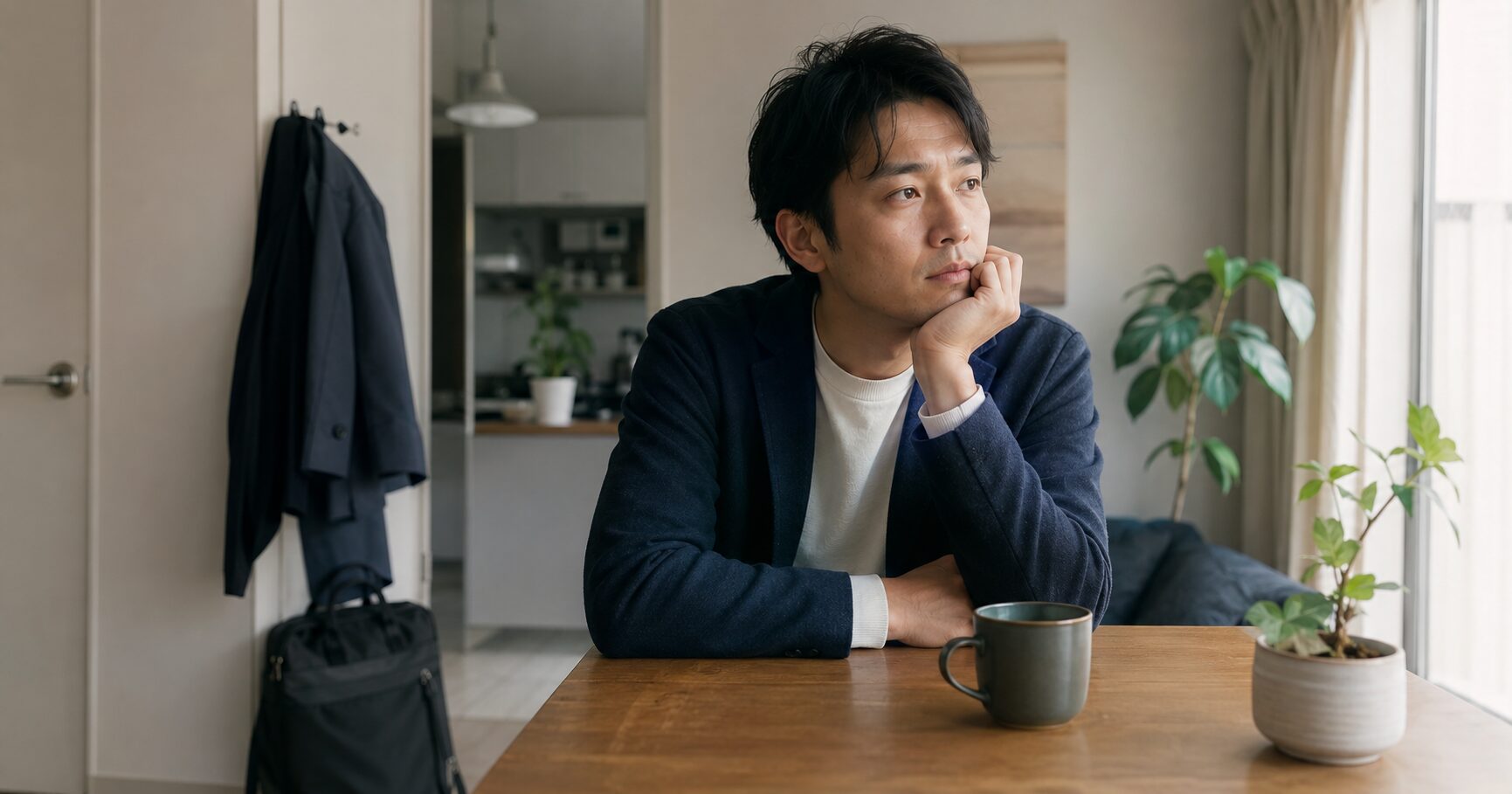 仕事に行く前の朝、今後の働き方について考える会社員