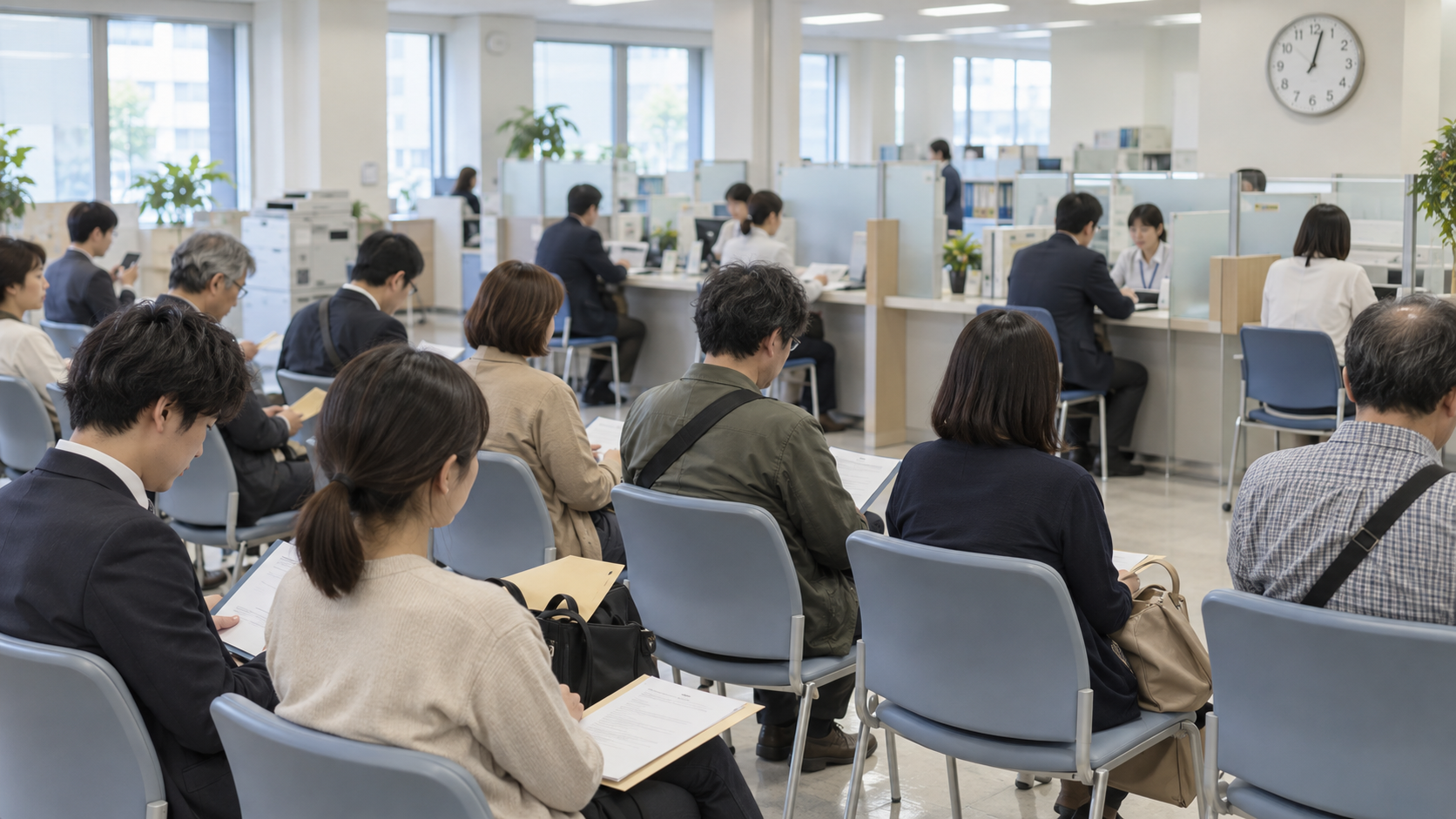 ハローワークの窓口で順番を待つ利用者と正午を示す時計