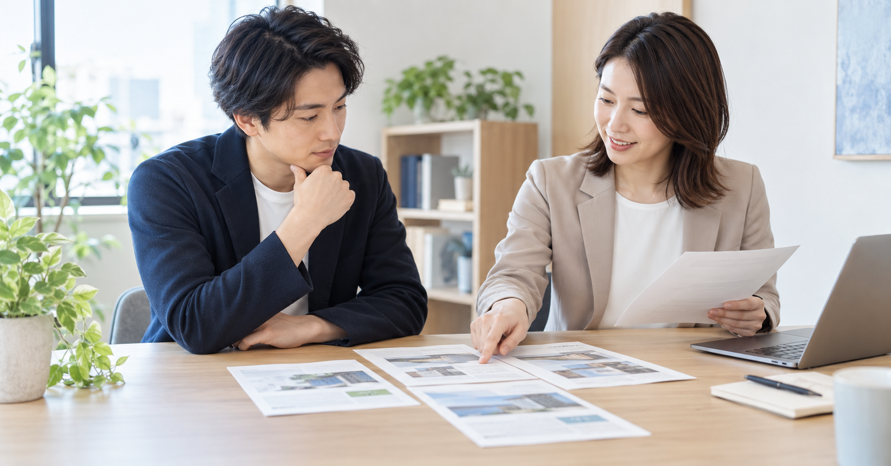 転職エージェントと複数の求人資料を見比べながら相談する求職者