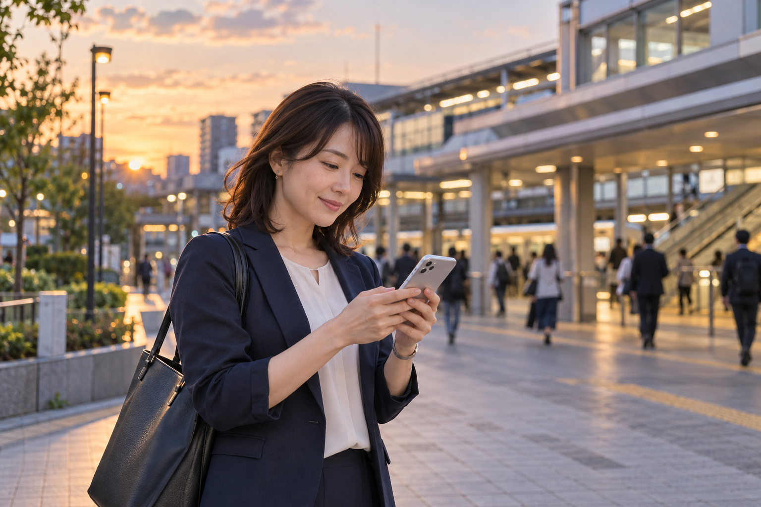 仕事帰りの駅前で、立ち止まってスマートフォンを確認する女性