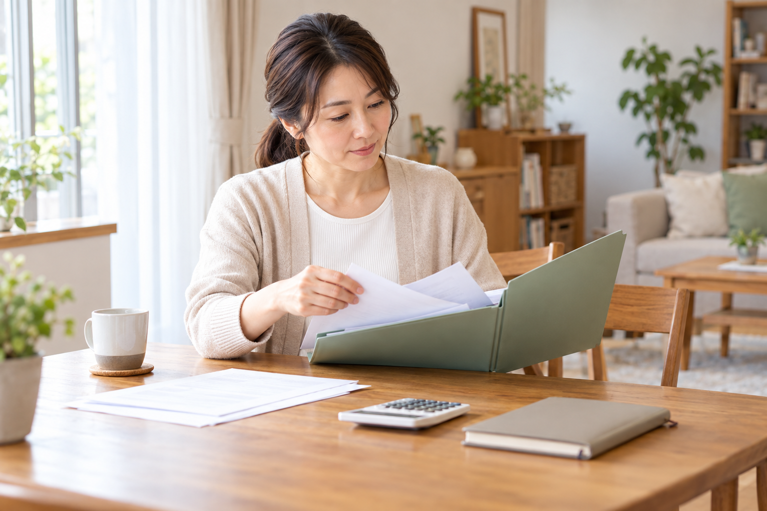 退職後の生活費や手続きを確認するため、自宅で書類を整理する女性