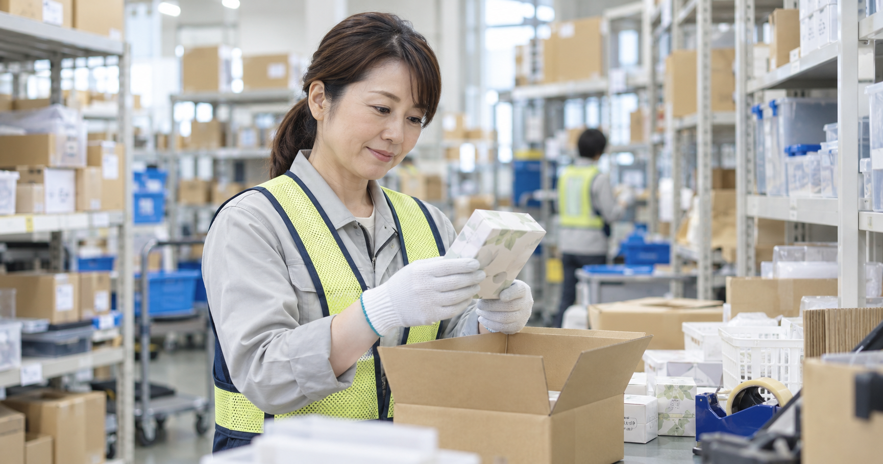 物流倉庫で小型商品を検品し梱包する女性