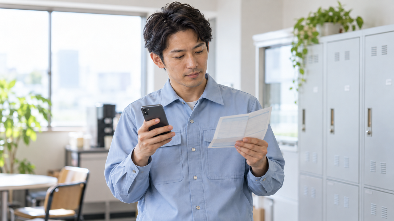 職場の休憩スペースで給与明細とスマートフォンを見比べる男性