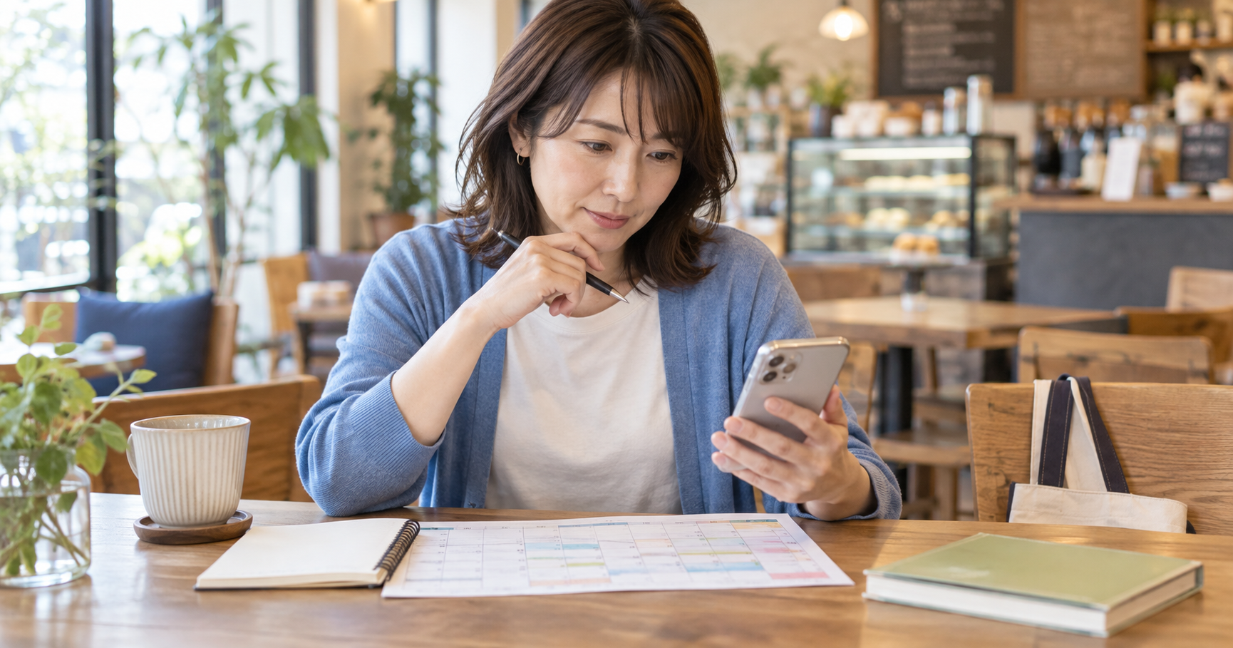 女性が、カフェでスマホと勤務表を見比べながらアルバイト・パート求人を探す場面