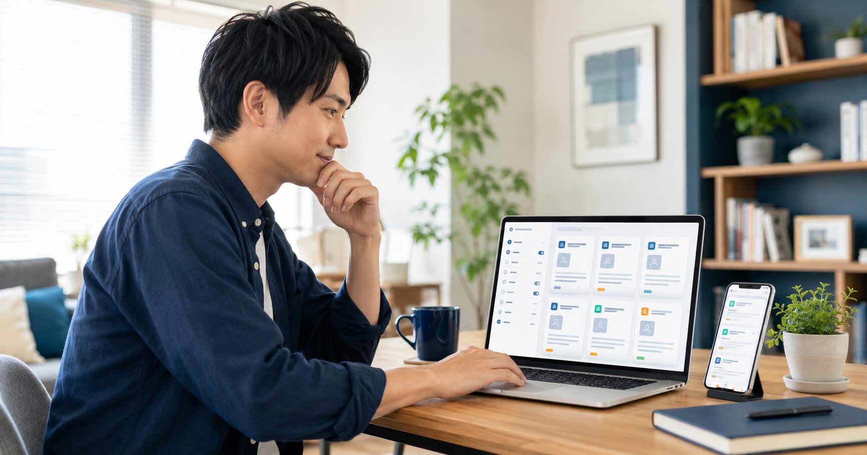ノートパソコンで複数の転職サイトの求人を比較する男性