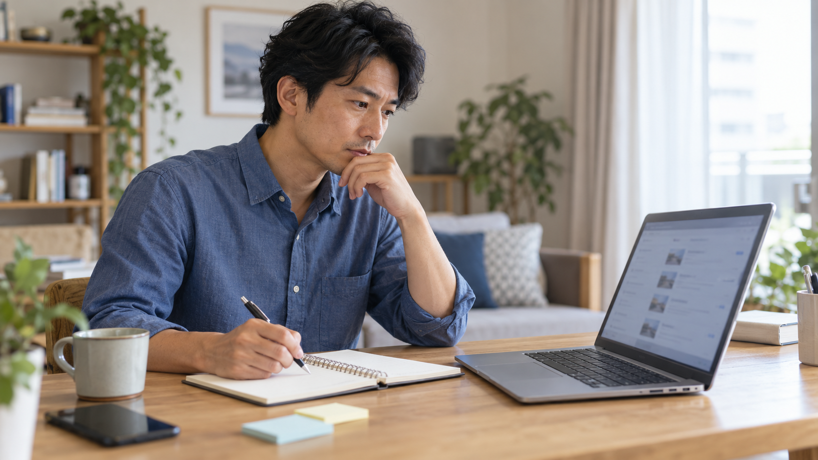 パソコンで求人情報を確認しながら、希望条件をノートに整理する男性