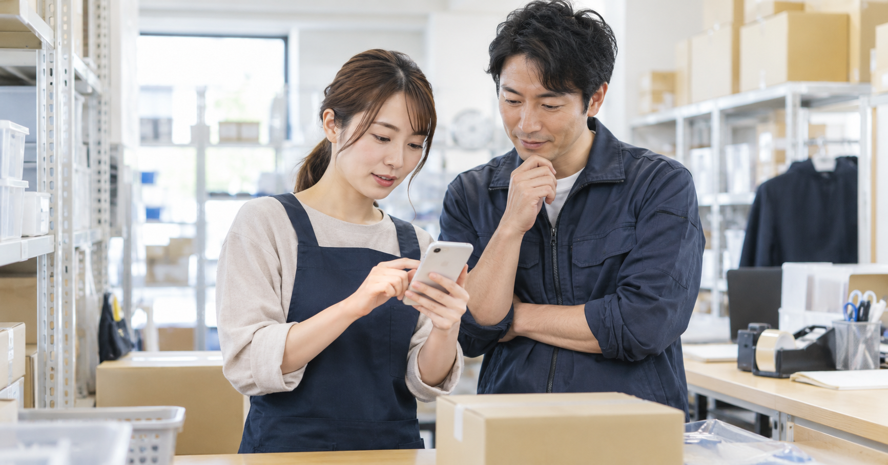 スマートフォンで当日の仕事と勤務時間を確認する男女