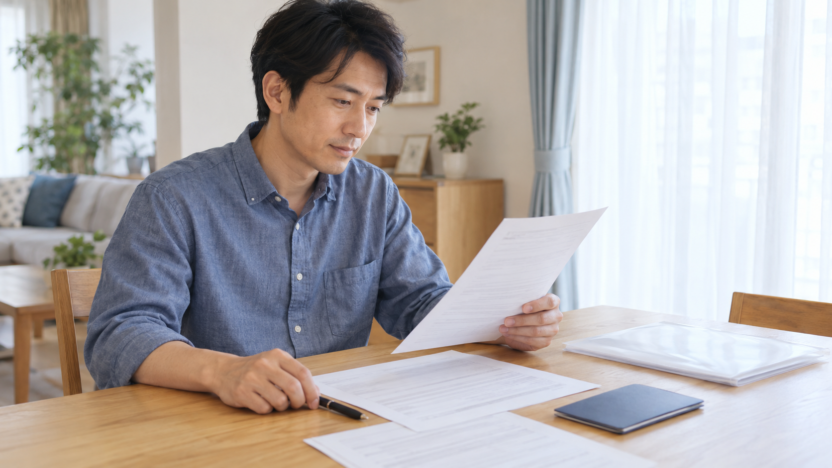 失業保険の手続きに向けて、自宅で書類を確認する人