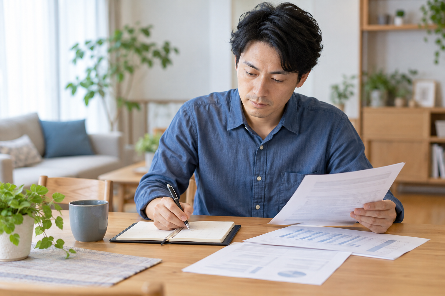 失業保険の手続きに向けて、自宅で書類を確認し、手帳に予定を書き込む人