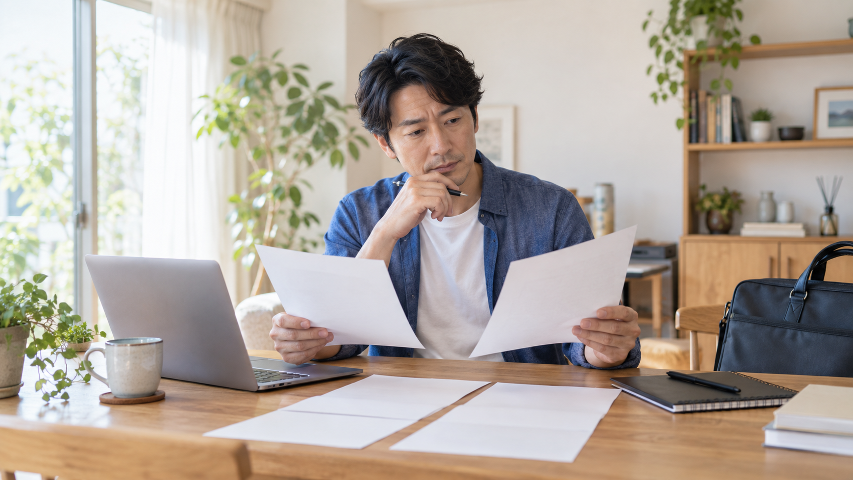 自宅の机で複数の求人資料を見比べる男性