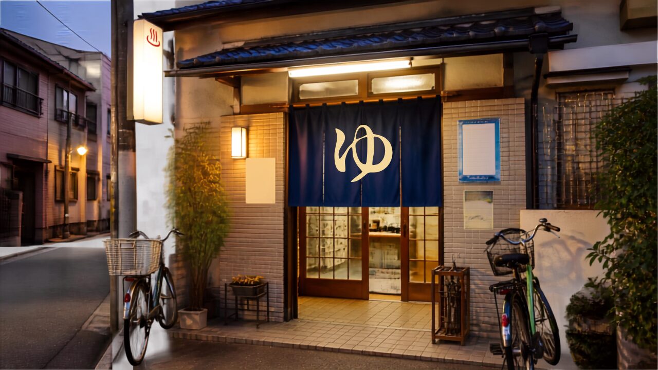 Neighborhood sento entrance on a residential street in Japan
