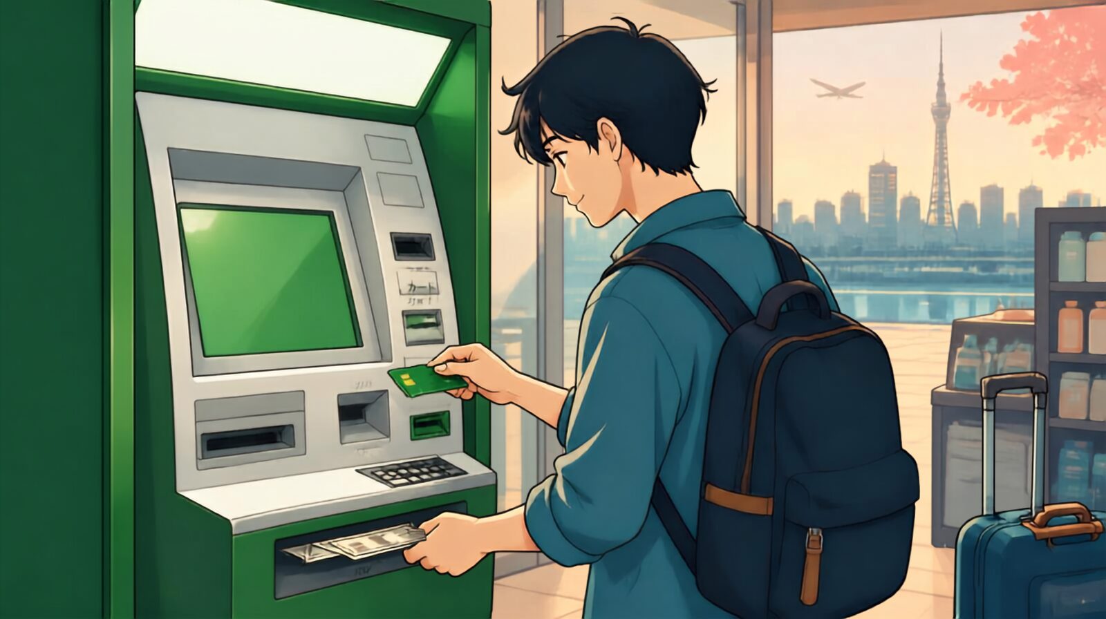 Traveler using an ATM to withdraw Japanese yen in Japan