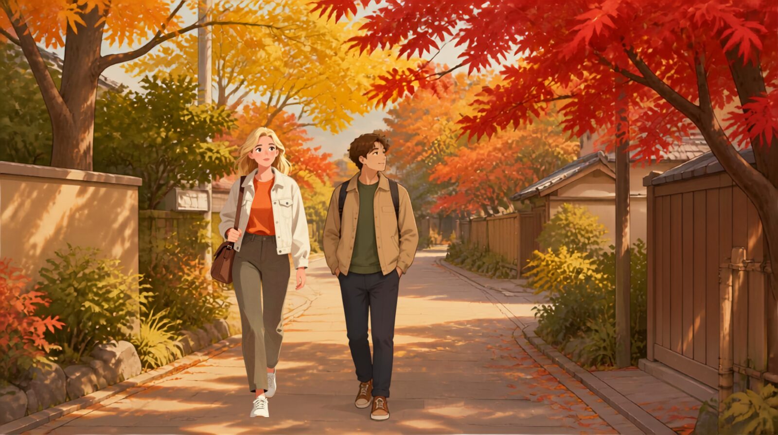 Travelers walking along a quiet street in Japan surrounded by red and golden autumn leaves