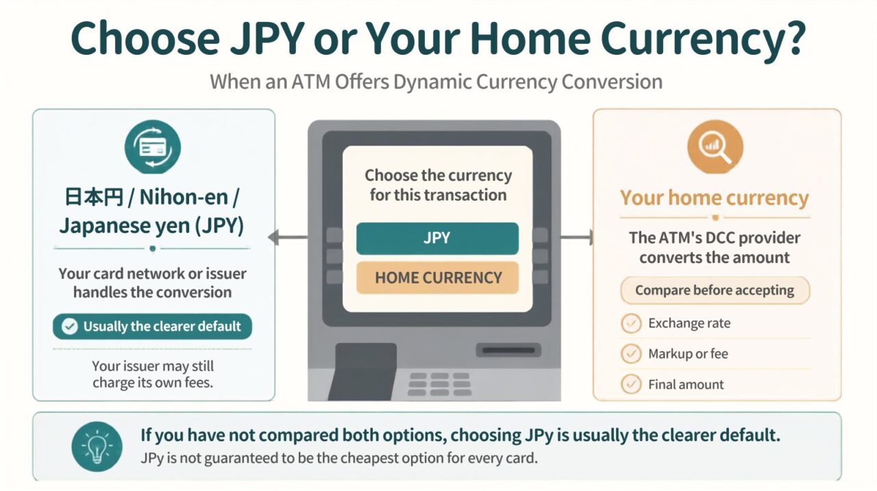 Infographic comparing choosing Japanese yen (JPY) with home-currency conversion at an ATM in Japan