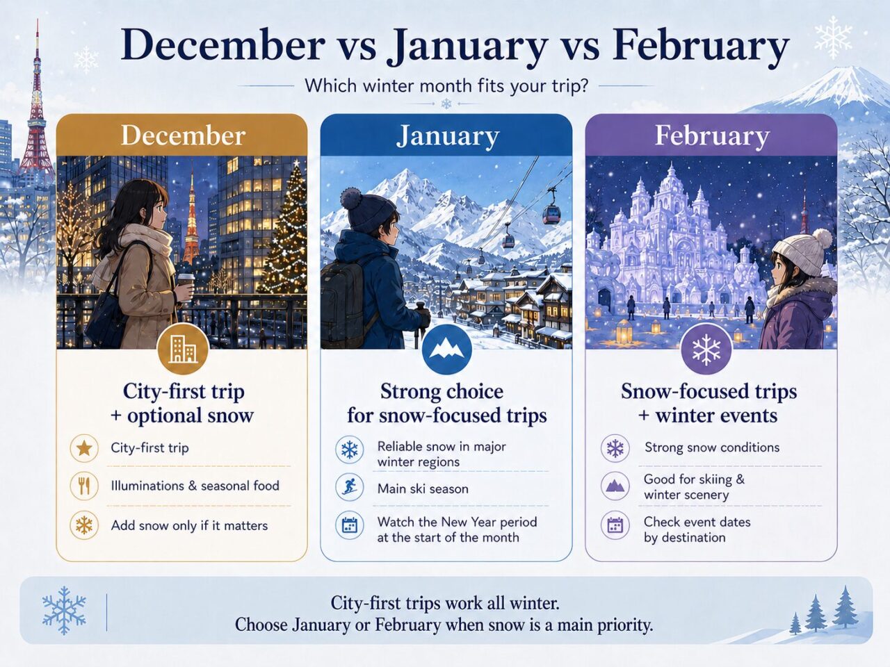 Infographic comparing December, January, and February for winter travel in Japan