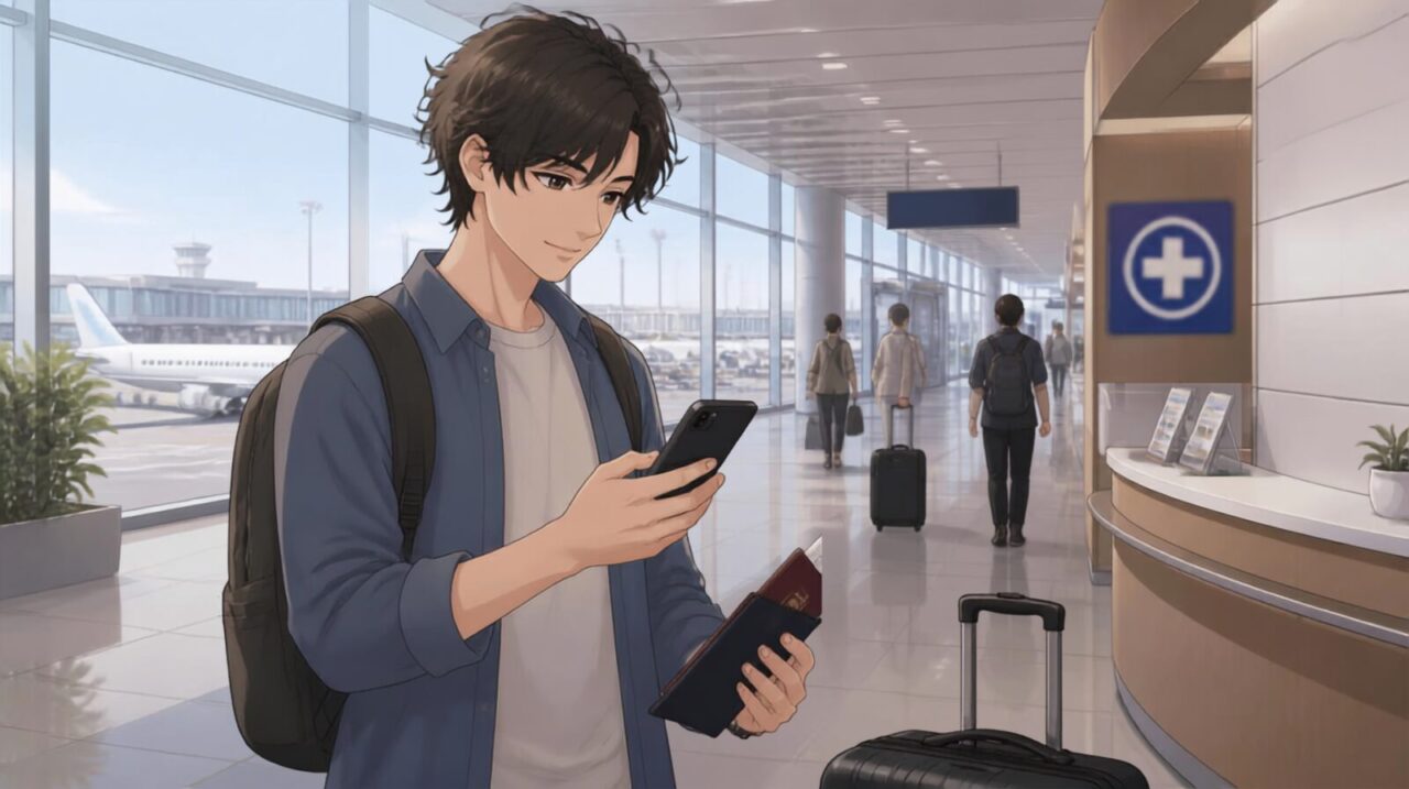 Traveler checking travel insurance information on a smartphone before a trip to Japan