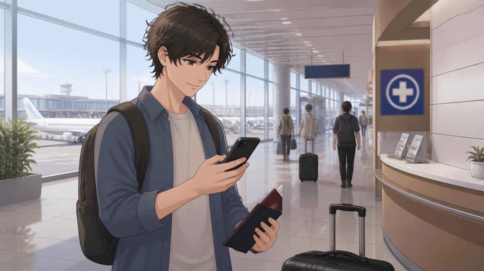 Traveler checking travel insurance information on a smartphone before a trip to Japan