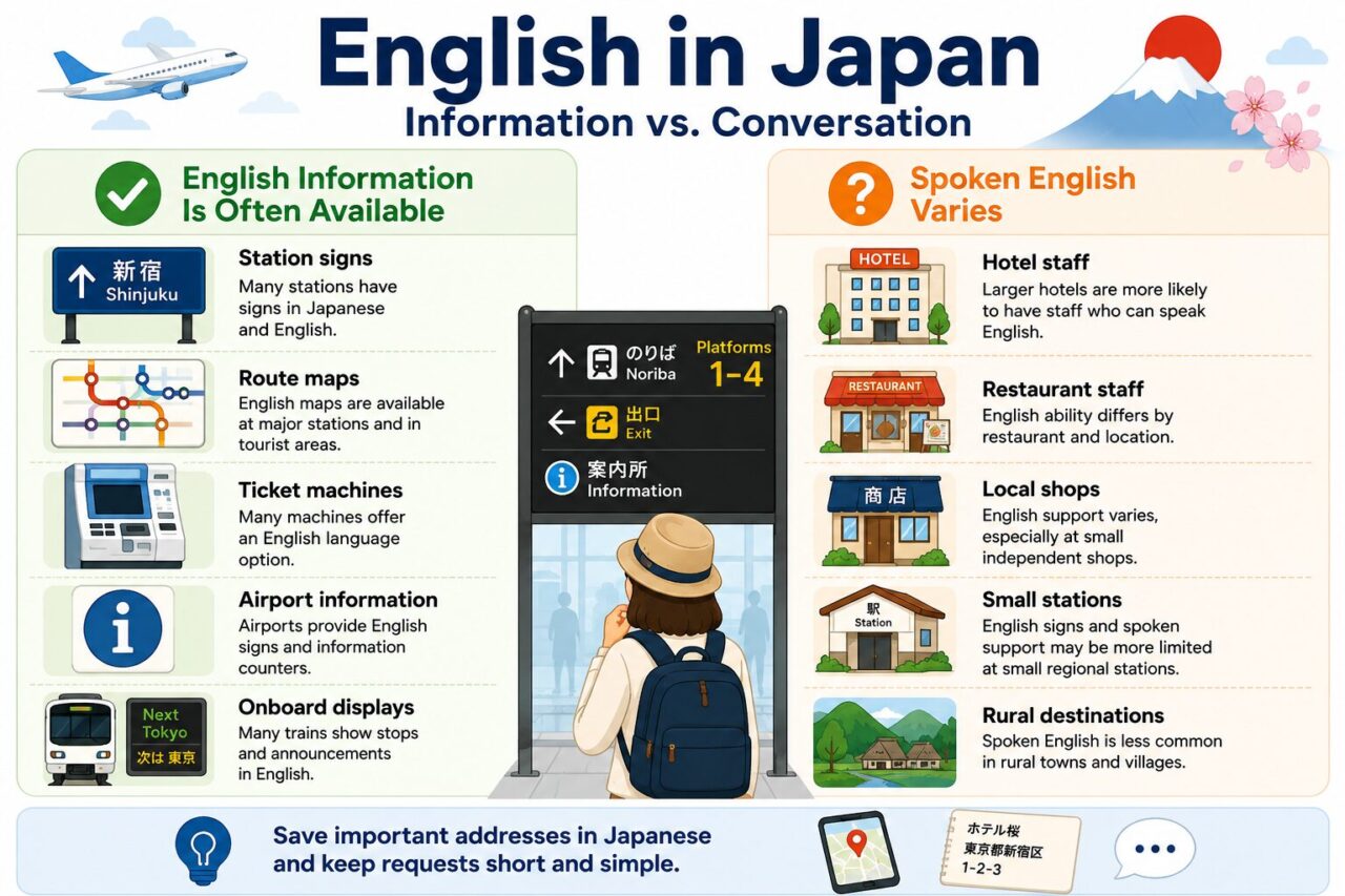 Infographic comparing widely available English signs and information with varying levels of spoken English support in Japan