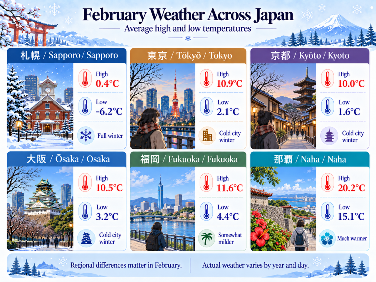 Infographic comparing average February high and low temperatures in Sapporo, Tokyo, Kyoto, Osaka, Fukuoka, and Naha