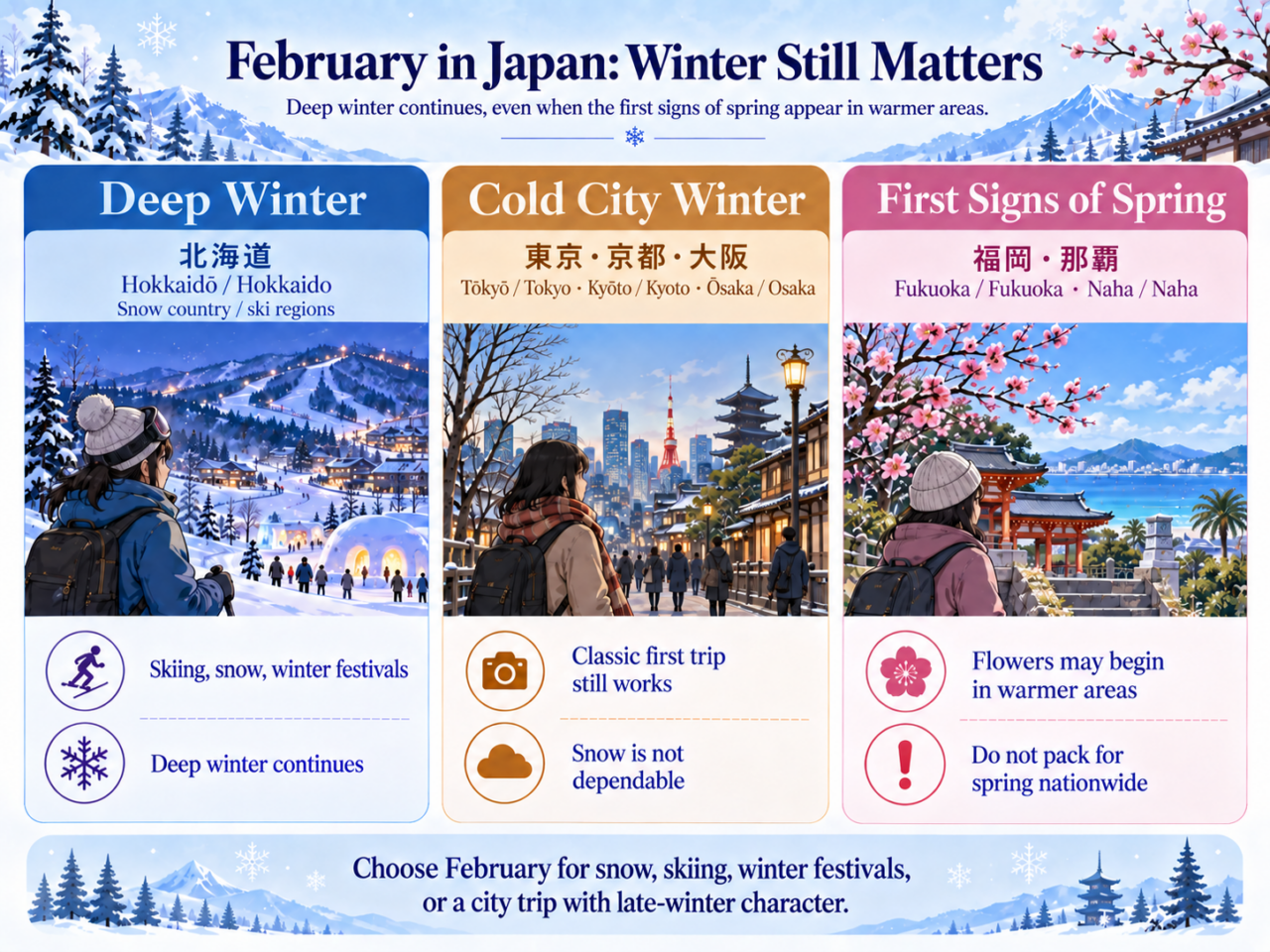 Infographic showing three February travel patterns in Japan: deep winter in Hokkaido and snow country, cold city winter in Tokyo Kyoto and Osaka, and early seasonal change in warmer areas