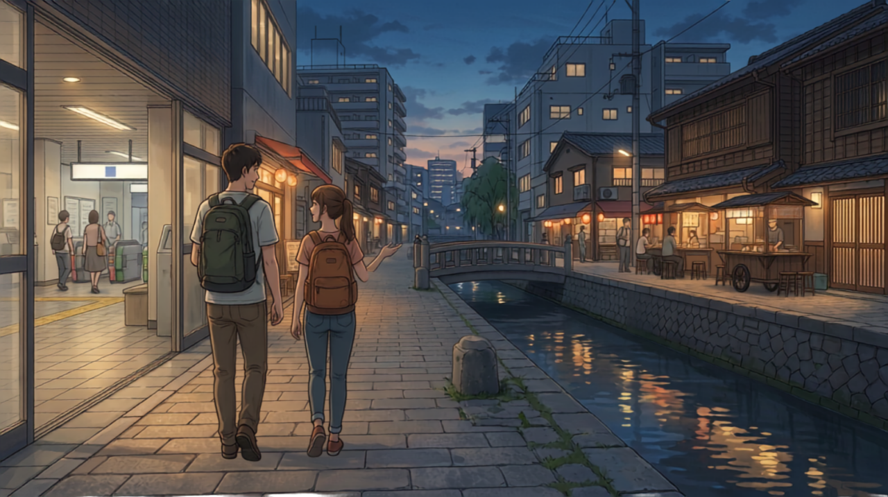 First-time visitors walking through Fukuoka between Hakata streets and an evening food area