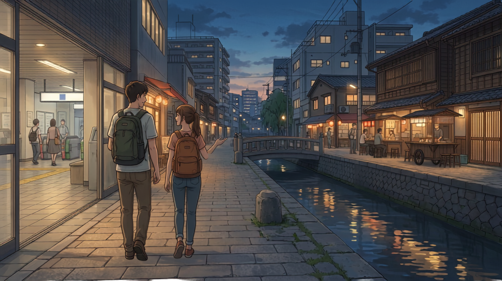 First-time visitors walking through Fukuoka between Hakata streets and an evening food area