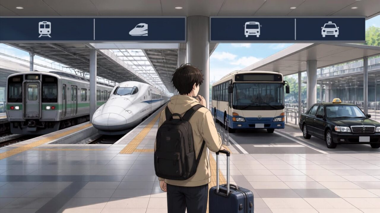 Traveler choosing between trains, Shinkansen, buses, and taxis in Japan