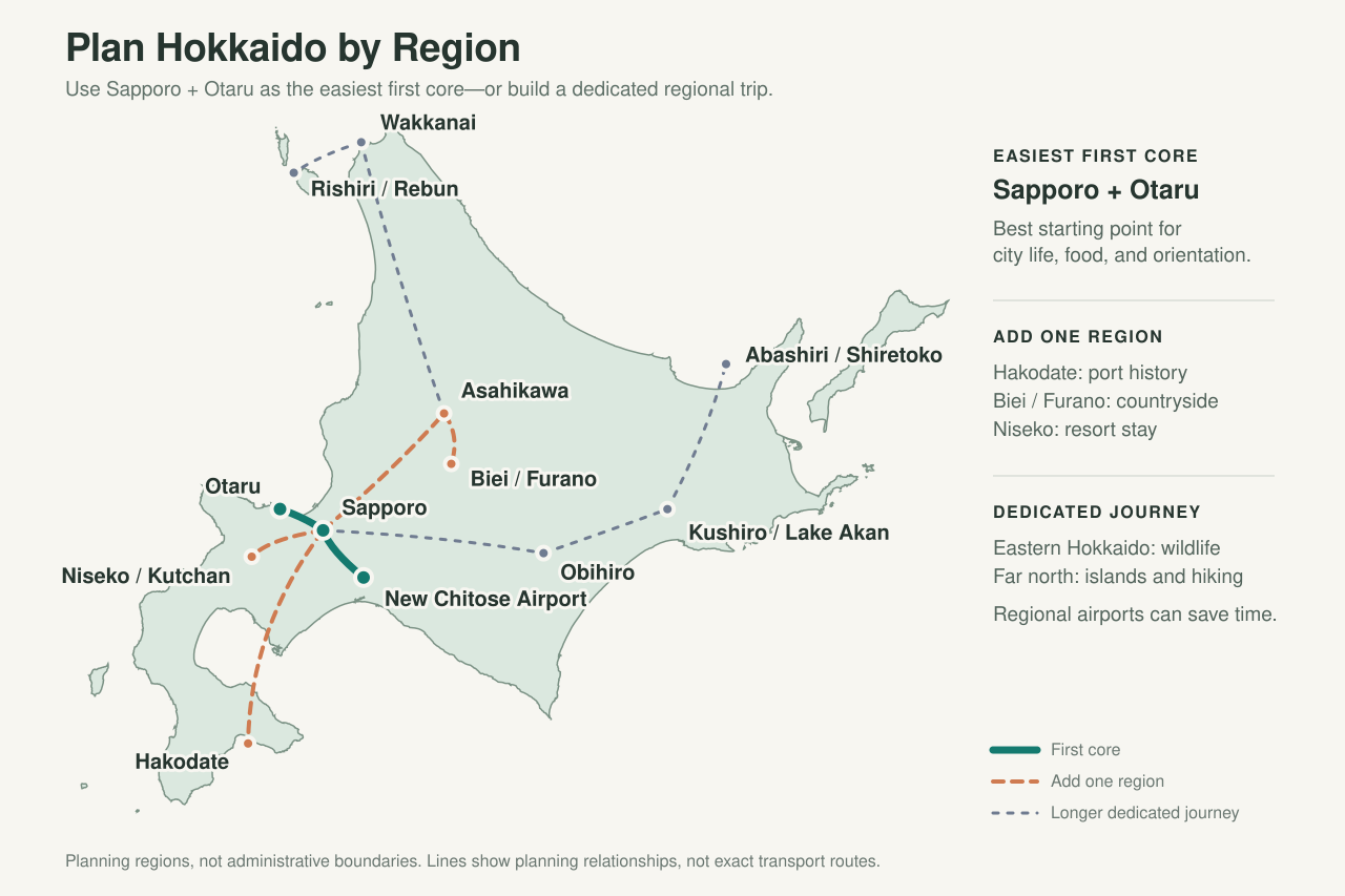 Planning map of Hokkaido showing Sapporo and Otaru as the easiest first core, with separate trip options for Hakodate, Biei and Furano, Niseko, eastern Hokkaido, and the far north.