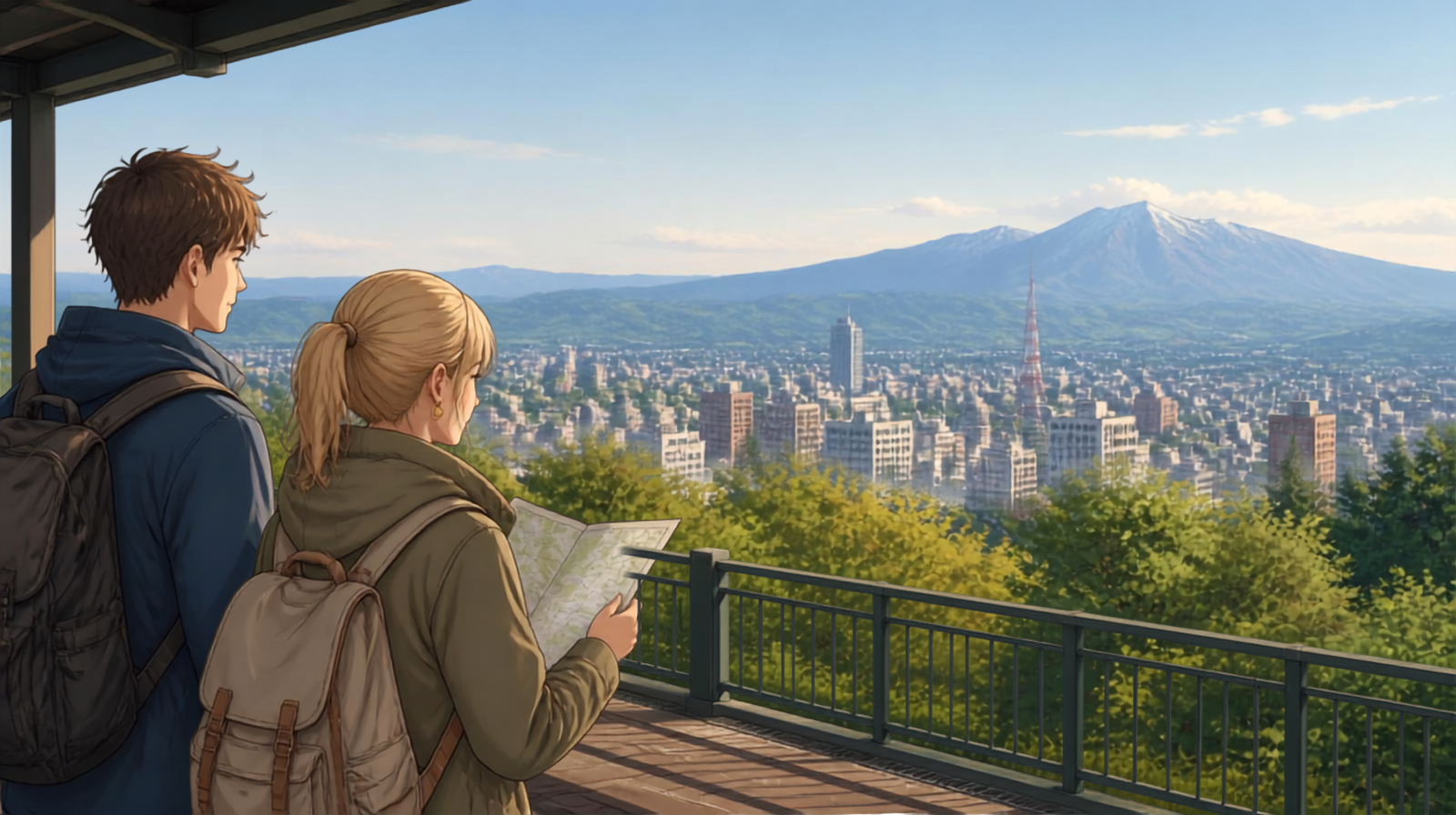 Travelers planning a first trip to Hokkaido with a city and mountain landscape in the distance