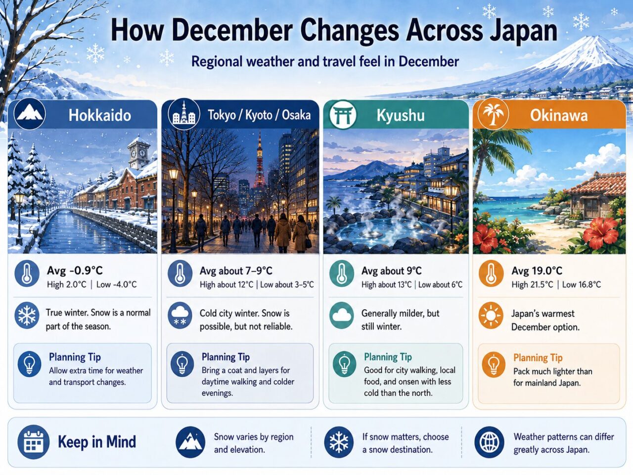 December weather infographic comparing Hokkaido, Tokyo Kyoto Osaka, Kyushu, and Okinawa