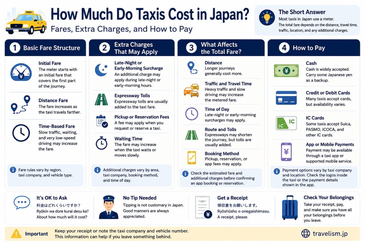 Infographic explaining how taxi fares, additional charges, payment methods, and receipts work in Japan.