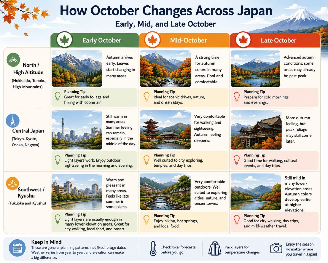 Infographic showing how early, mid, and late October differ across northern and high-altitude areas, central Japan, and Kyushu