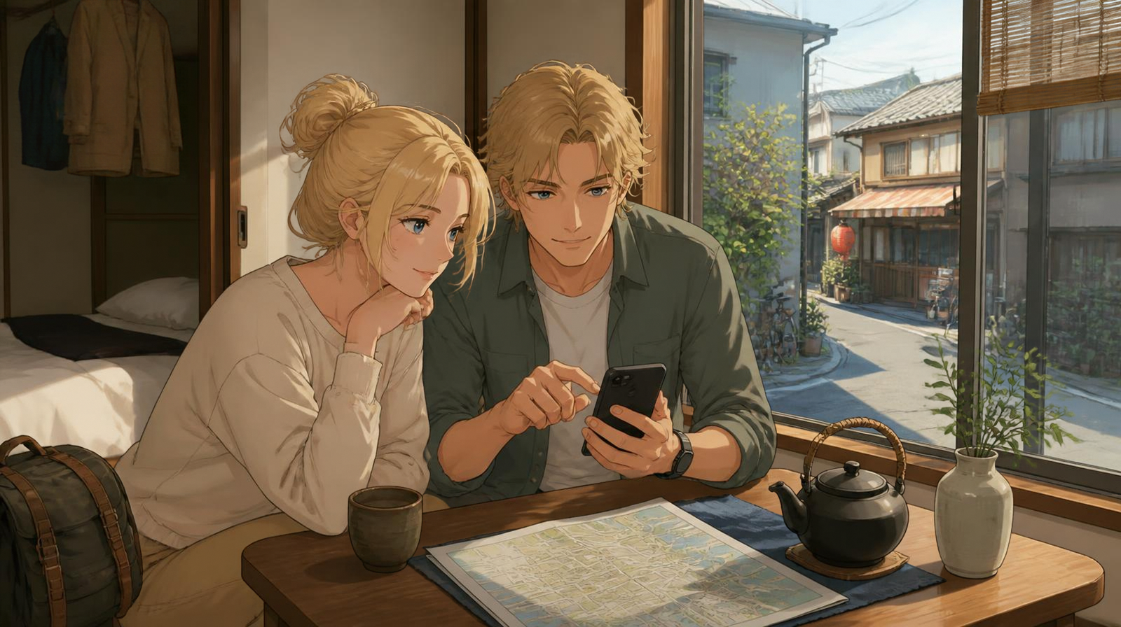 Anime-style illustration of travelers choosing a local activity on a smartphone at their accommodation in Japan