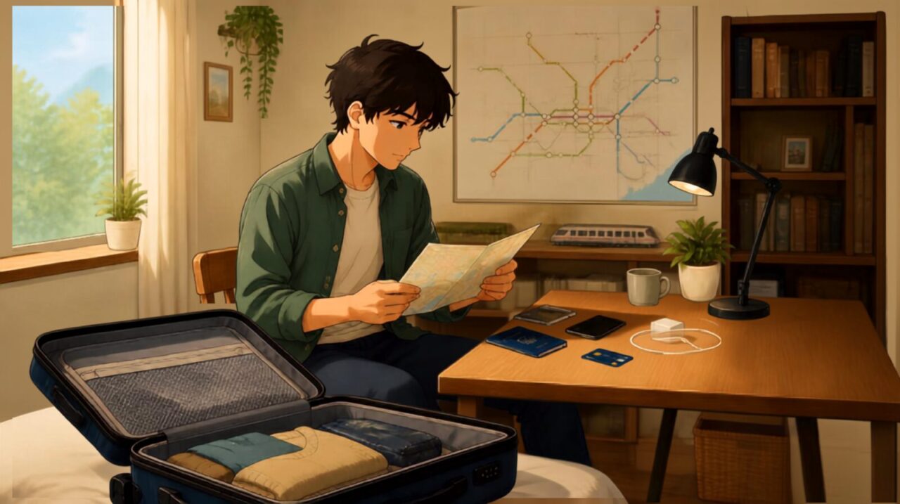 Traveler preparing for a trip to Japan with a suitcase, passport, phone, payment card, and rail plans