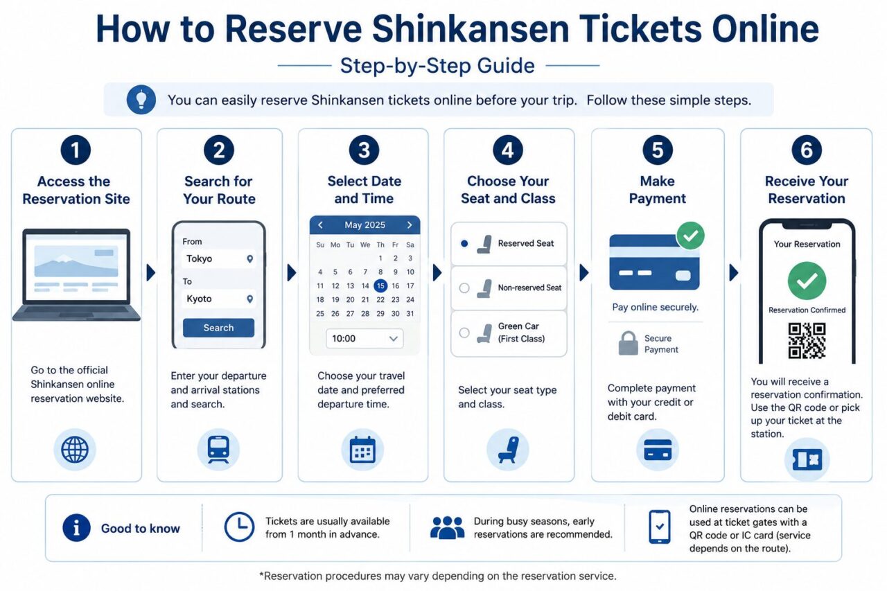 Illustration explaining online Shinkansen ticket reservations in Japan