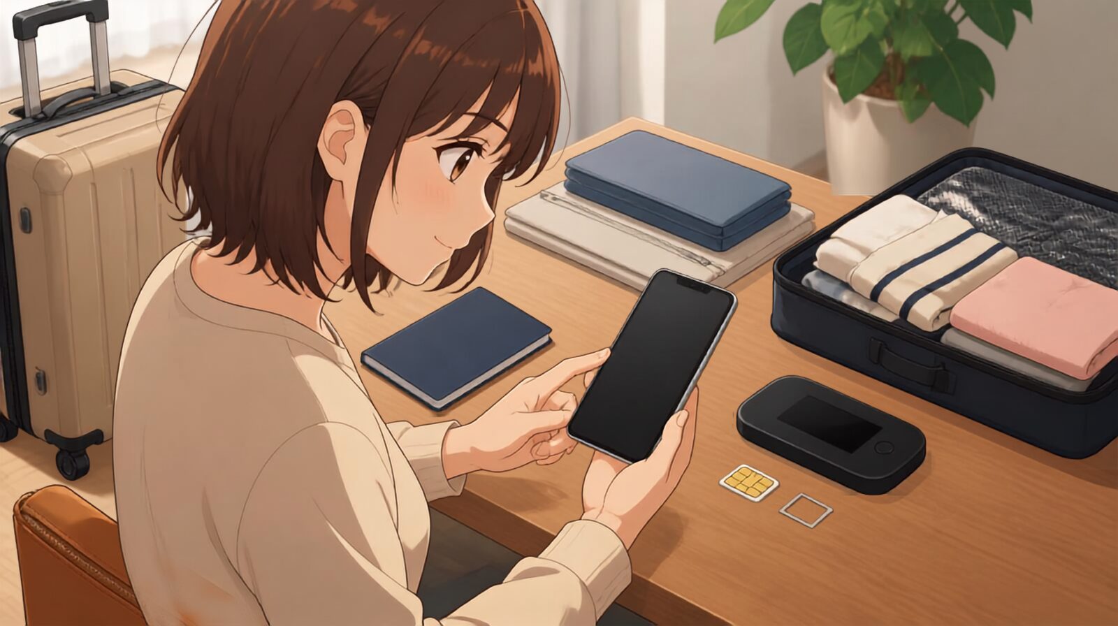 Traveler preparing a smartphone, physical SIM card, and Pocket Wi-Fi device for a trip to Japan