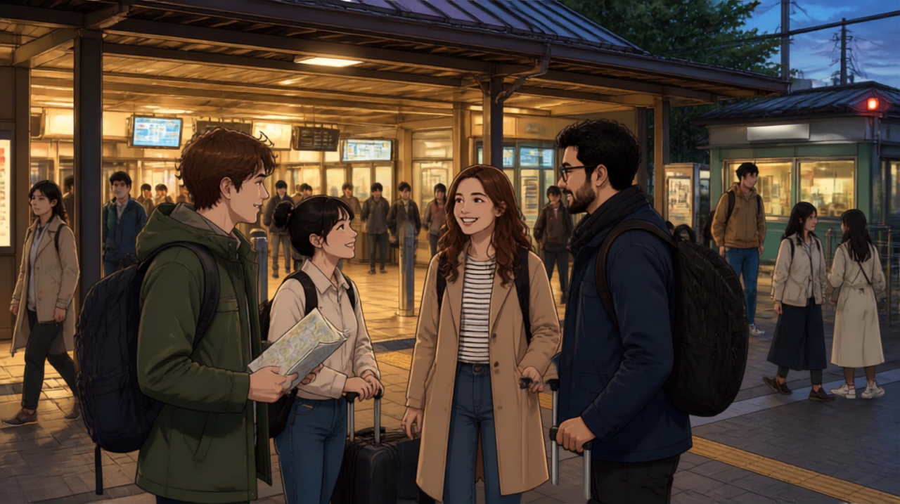 International travelers outside in the evening