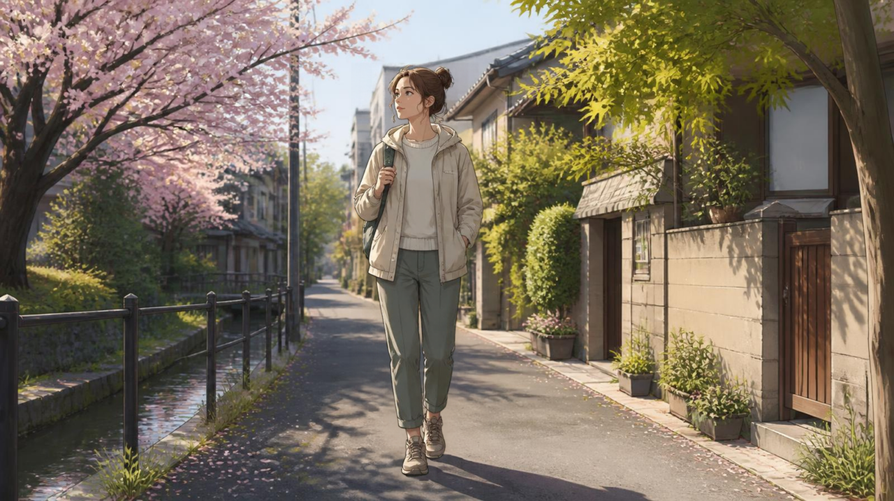 Traveler in light spring layers walking through a Japanese neighborhood with cherry blossoms in April