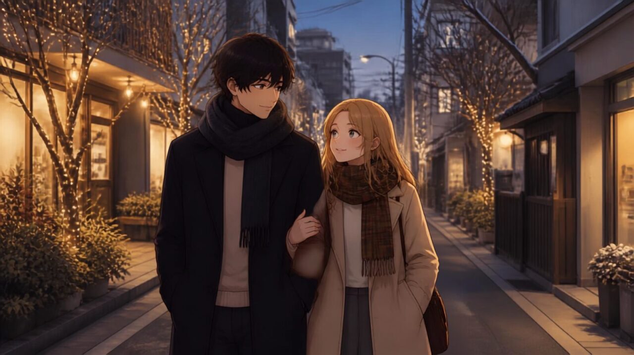 Travelers walking through a Japanese neighborhood on a cold December evening with winter illuminations