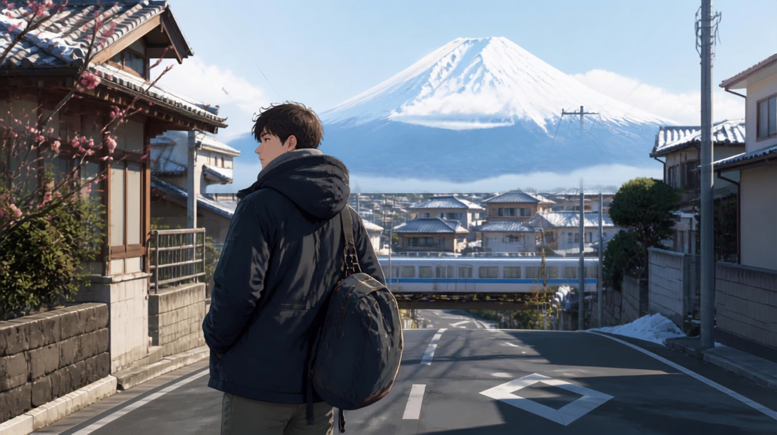 First-time traveler experiencing February in Japan with a cold city scene, snowy mountains, and subtle plum blossoms