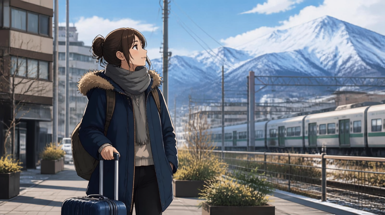First-time traveler experiencing winter in Japan with a cold city scene and snowy mountains in the distance