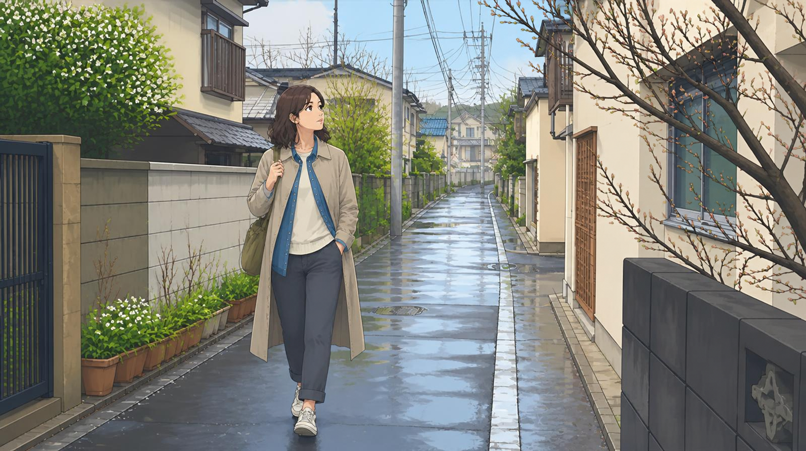 Traveler in layered clothing walking through a Japanese neighborhood with a few early blossoms in March
